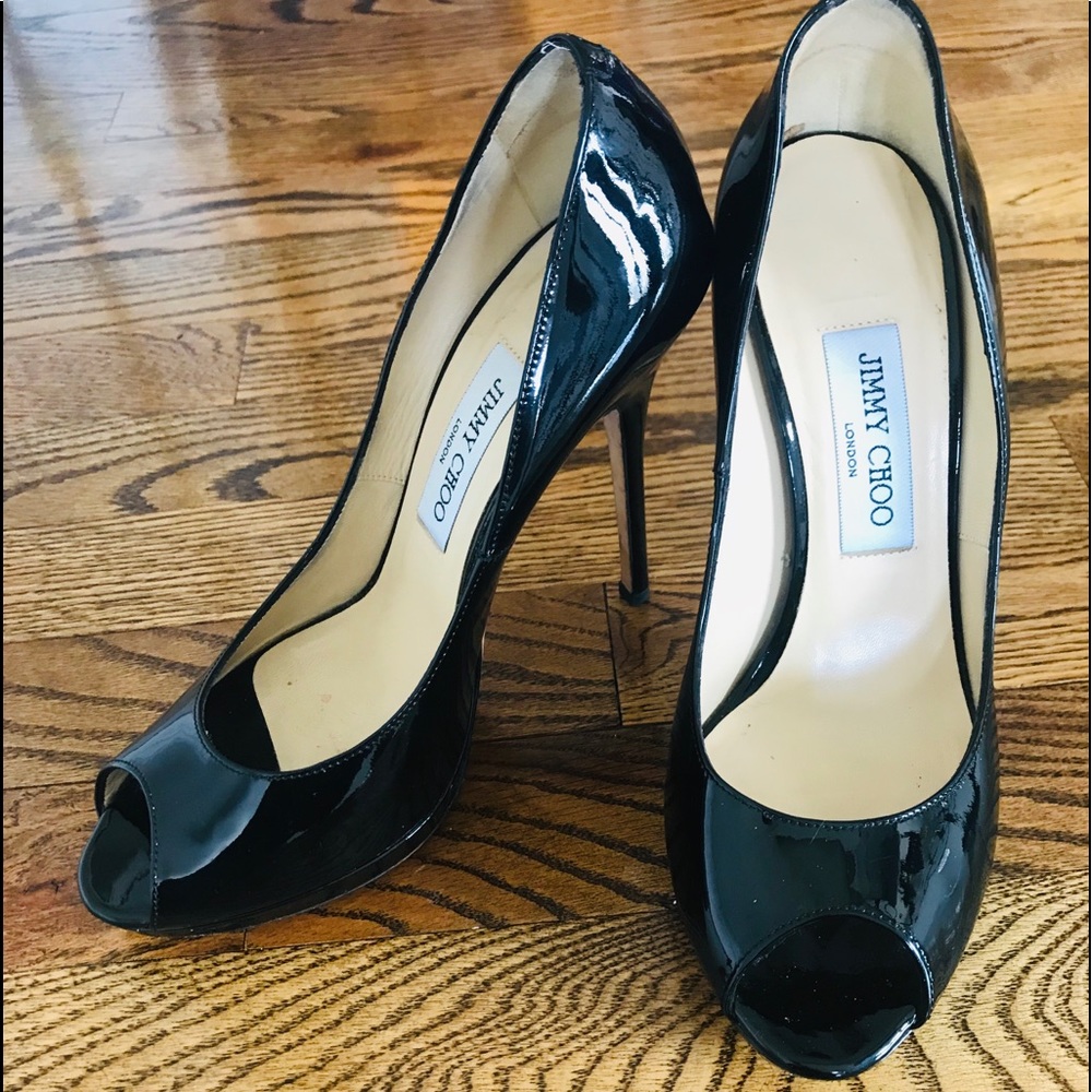 Jimmy Choo black patent leather peep toe 38
